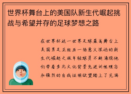 世界杯舞台上的美国队新生代崛起挑战与希望并存的足球梦想之路