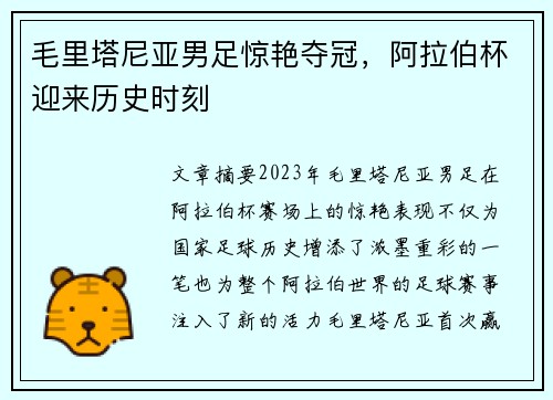 毛里塔尼亚男足惊艳夺冠，阿拉伯杯迎来历史时刻